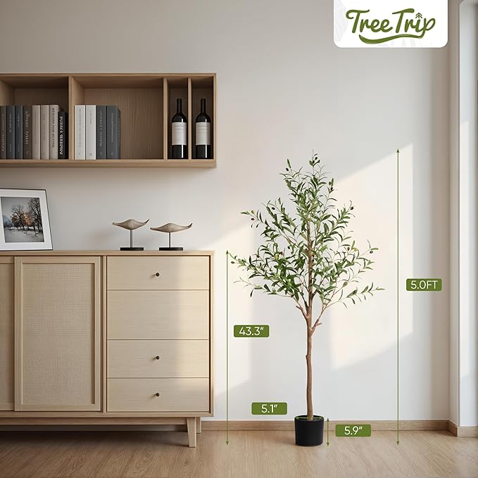 Artificial Olive Tree 5FT, Tall Faux Olive Trees for Indoor Outdoor, Realistic Potted Plant Natural Wood Trunk, Leaves and Fruits for Home Office Decor (1, 5FT)