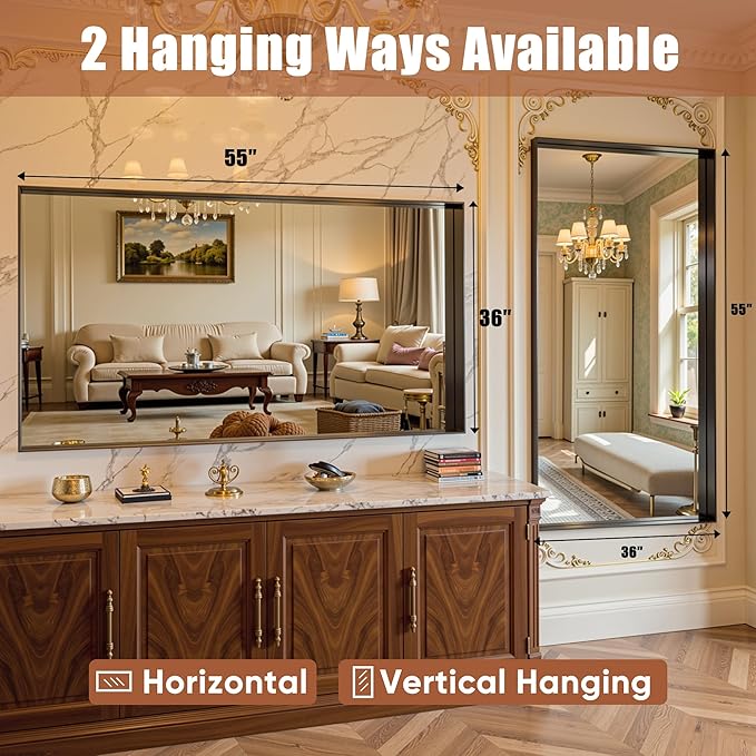55"x36" Black Framed Bathroom Mirror, Large Rectangular Vanity Mirror, Aluminum Metal Frame, Wall Farmhouse Modern Wall-Mounted Mirrors for Bathroom, Bedroom, Living Room, Over Sink