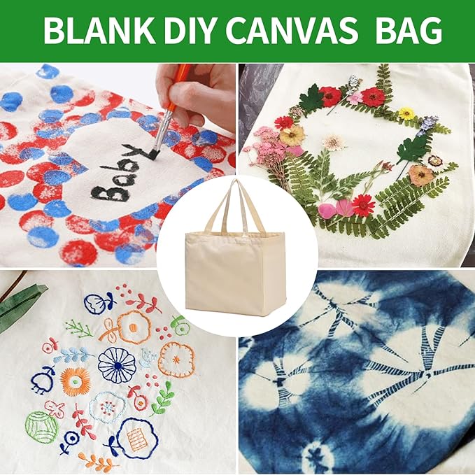 3 Pack Heavy Duty Reusable Canvas Grocery Bags, Holds 60 lbs, 8.3 gal Multi-Purpose Washable Grocery Bags with 5 Pockets, Off White