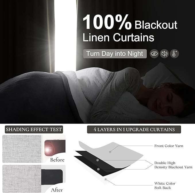 Extra Wide 60 Inch Blackout Curtains 96 Inches Long for Living Room, Rustic Boho Room Darkening Textured Linen Pleated Office Insulated Ceiling Track Large Window Drapes (60"W x 96"L 2 Panels Grey)