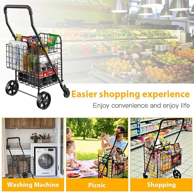 siffler Shopping Cart for Groceries, Height Adjustable Folding Utility Cart with Double Baskets, Extended Foam Cover 360° Swivel Wheels Trolley for Groceries, Laundry, Travel (Medium)