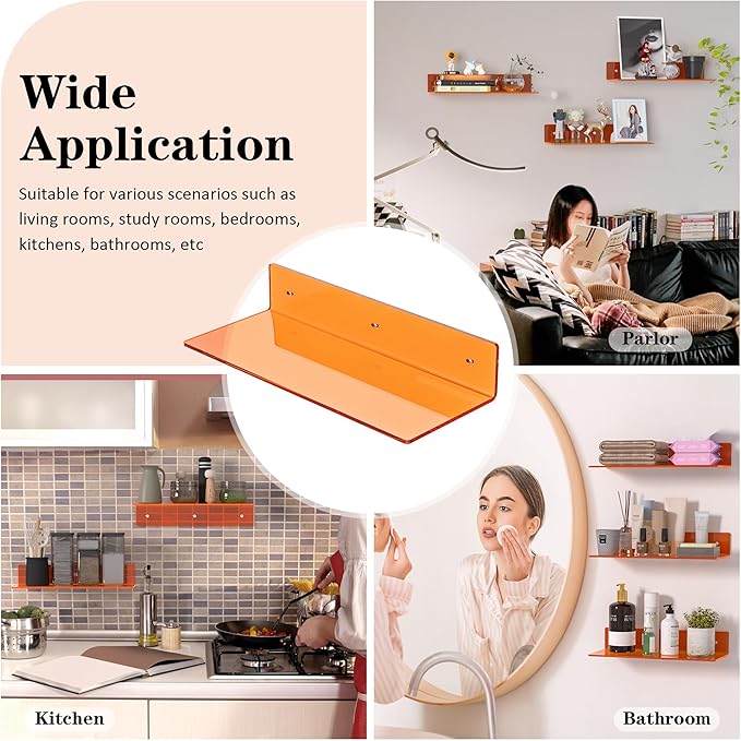 15 Inches Orange Acrylic Wall Shelves 2 Pack, L Shape Floating Shelf, Perspex Wall Mounted Shelves for Home Décor, Model Car, Candle, Calendar, Towel, Tissue