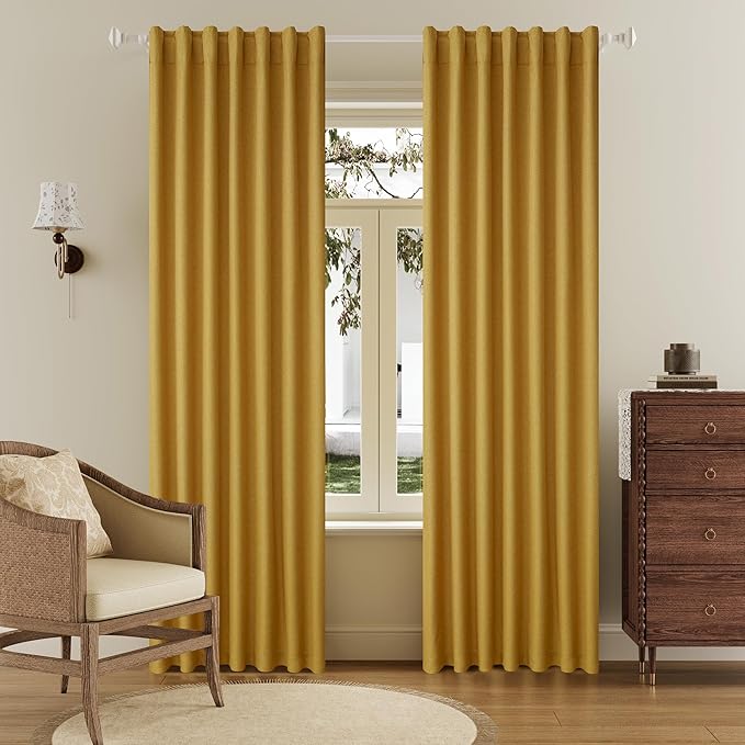 DUALIFE 100% Blackout Linen Yellow Curtains 84 Inch for Living Room Darkening, Bedroom Linen Drapes 84 Inches Long Rod Pocket/Back Tab Heat Blocking Bohemian Pleated Window Curtain(50"x84"x2)