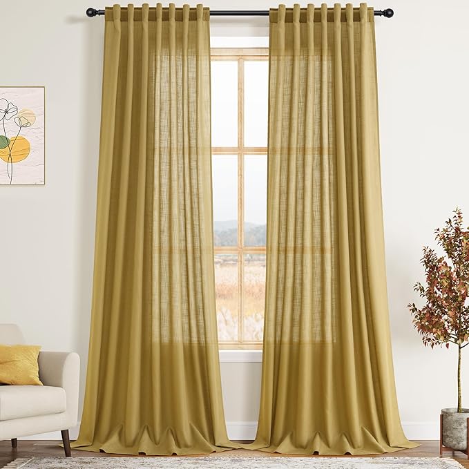 Nanspring Linen Curtains Semi Sheer Gold 96 Inches Long 2 Panels Set for Living Room Back Tab Rod Pocket Light Filtering Drape for Bedroom Modern Farmhouse Coastal Decor Protect Privacy 52x96