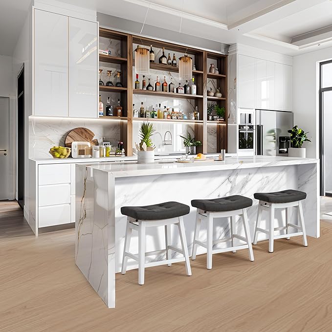 Counter Height Bar Stools Set of 4 for Kitchen Counter Farmhouse Modern Barstools with Faux Leather Upholstered Backless Seat and Solid Wood Legs 24 inch Bar Chairs, Grey + White