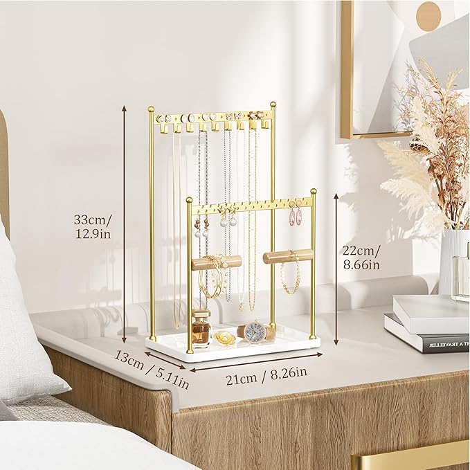 Jewelry Tower Necklace Holder Organizer – 3-Tier Jewelry Display Rack with Storage Tray – Holds 22 Pairs of Earrings, Bracelets, Rings, Necklaces – Gift for Girls & Women, Gold