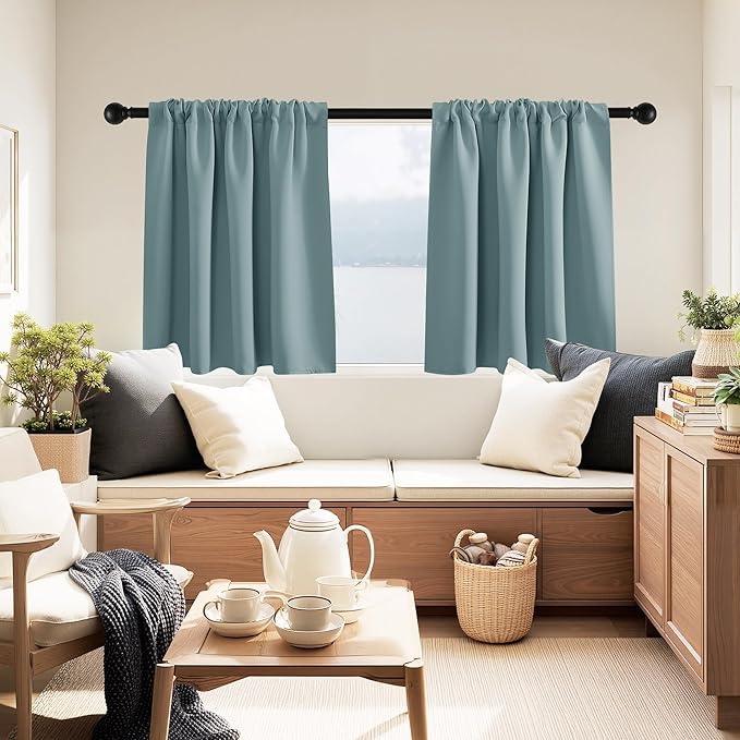 PONY DANCE Blackout Short Cafe Curtains, Privacy Light Block Small Window Curtains for Bedroom Kitchen Basement Dining Classroom, W 29 x L 24 inches, Greyish Blue, 2 Panels