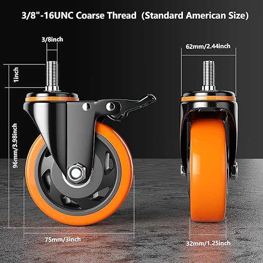 Stem Caster Wheels 3 Inch Heavy Duty Threaded Stem Casters UNC 3/8"-16 x 1 Swivel Casters Set of 4 with Safety Dual Locking Wheel for Furniture and Cart