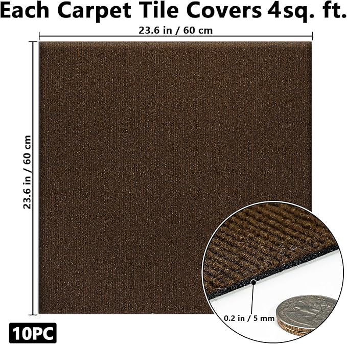 Carpet Tiles Peel and Stick, Self Adhesive Carpet Floor Tile 24" x 24", Brown Soft Padded Flooring Sticker, Home Decor for Bedroom Living Room Office, 10 Tiles per Box