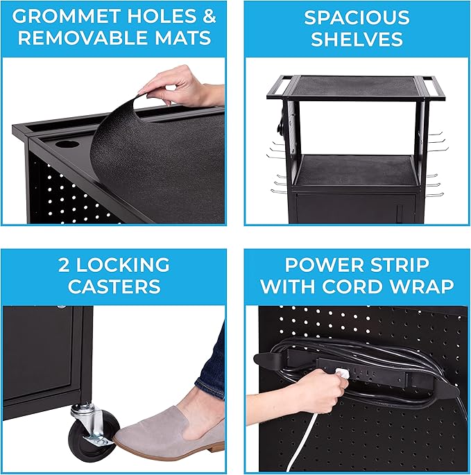 Line Leader Stellar AV Cart - Computer Cart with Customizable Pegboard & Hooks, Locking Cabinet, UL Certified Power, Mobile Workstation with Locking Wheels, Ideal for Laptop & Charger Storage