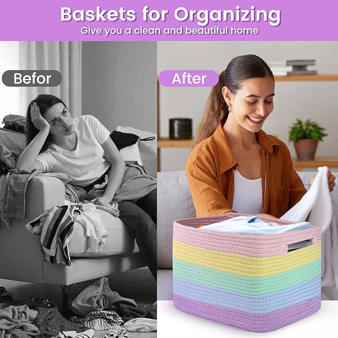 Shelf Woven Storage Basket, 15 x 10 x 9” Closet Rope Baskets For Organizing, Square Bins with Handles, Rainbow 1 Pack