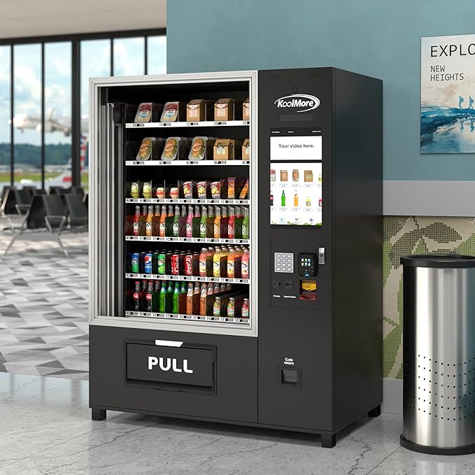 KoolMore Snack Vending Machine with 21.5 in. Touch Display, 66 Slots and Elevator-Lift Dispensing, Refrigerated, Bill, Coin and Credit Card Acceptor, Wifi, 4G Connectivity in Black (KM-VMRWT-66EBCR)