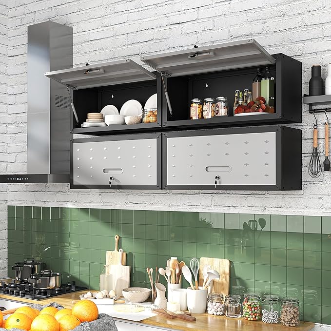 Garage Wall Cabinet with Flip-Up Door, Lockable Metal Storage Cabinet Wall Mounted, Hanging Tool Cabinet for Garage Basement Utility Room (Black &Grey)