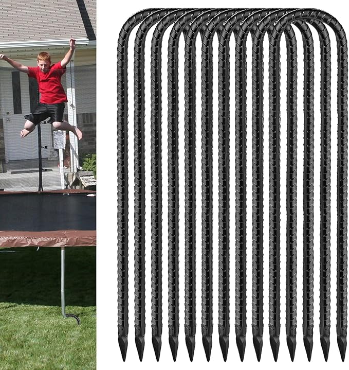 Rebar U Stakes 12 Inch - 10 Pack Black Galvanized Steel Heavy Duty Ground Anchors for Trampoline,Tent,Tarp,Soccer Goal,Garden Stake & Yard Art
