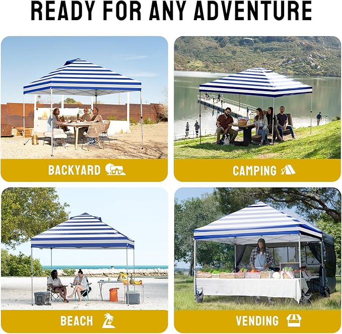 CROWN SHADES 10x10 Pop Up Canopy - Beach Tent with One Push Setup - Outdoor Sun Shade for Events, Parties, Camping - STO-N-Go Cover Bag, Silver Coated Top, 3 Height& 4 Sand Bags, Navy Blue Stripes