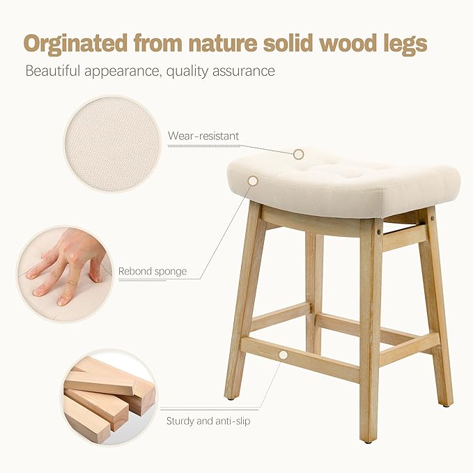 Counter Height Bar Stools Set of 3 for Kitchen Counter, Backless Farmhouse Kitchen Island Barstools with Upholstered Fabric Saddle Seat and Solid Wood Legs Modern 24 inch Bar Chairs, Khaki