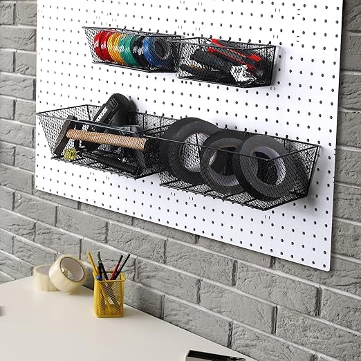 Sieral 4 Pcs Black Pegboard Baskets Metal Wire Shelf Baskets Peg Board Organizer Accessories Wall Mount Organizer Attachments for Garage Workbench Various Tool Accessories, 2 Sizes