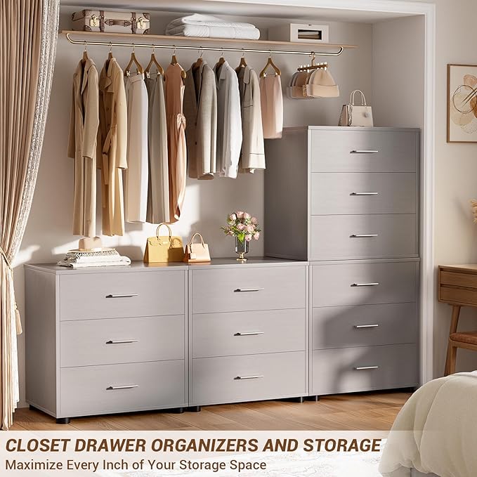 Aheaplus Closet Drawers Set of 2, Wood Closet Organizers and Storage with 3 Drawers, Closet Drawers Organizer System, Nightstands Bedside End Table with 3 Drawers Storage for Bedroom, Grey