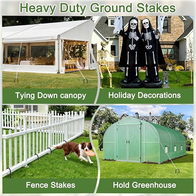 12 Inch U Shaped Trampoline Stakes 8 Pack, 5/16" Diameter Heavy Duty Steel Wind Resistant Rebar Stakes, Black E-Coated Anti-Rust Ground Stakes for Trampoline, Swing Set, Bounce House Safety