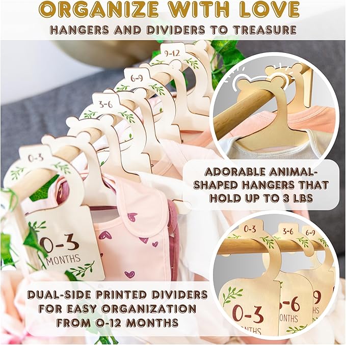 Wooden Baby Shower Crate Closet with Clothes Hangers & Dividers, Large Gift Basket for Boys & Girls, Wood Box Storage & Display with Handles & Ivy Garland, Welcome Gifts for New Parents