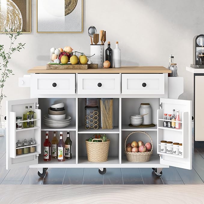 Yayzy Rolling Kitchen Island with 2 Bar Stools, Drop Leaf, Cabinet Door Storage Racks & 3 Drawers, Mobile Kitchen Cart with Rubberwood Top & Locking Wheels for Dining Room & Kitchen, 53-Inch, White
