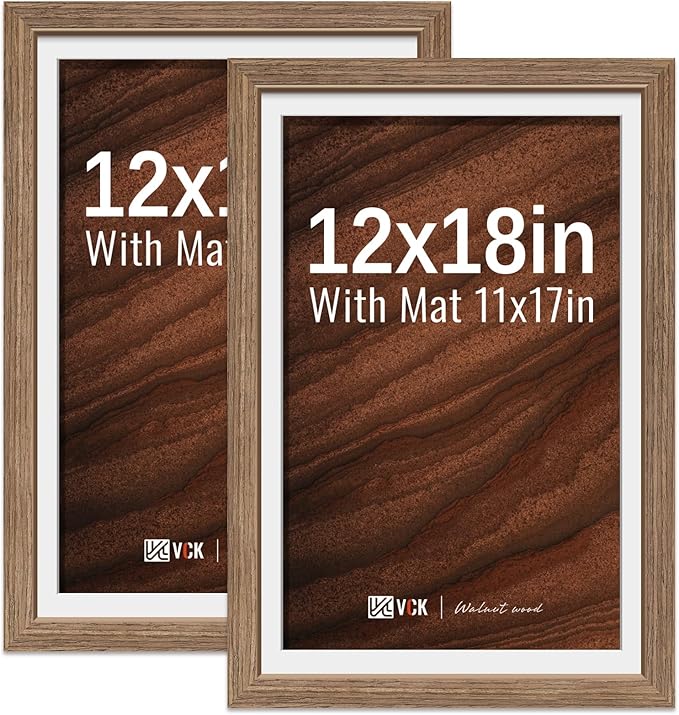 VCK 12x18 Picture Frame 2 Pack - Walnut, High-End Wood Poster Frames with Tempered Glass, Display 11x17 Photo with Mat or 12x18 without Mat, Art Gallery-Quality, Wall Hanging, Walnut