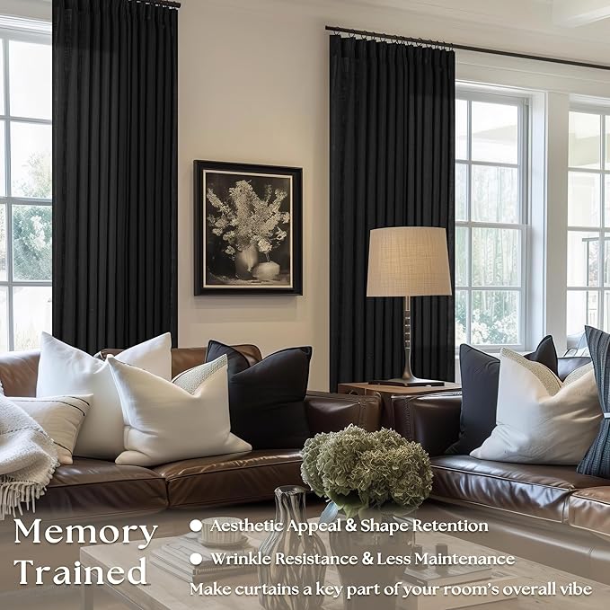 Black Pinch Pleated Linen Curtains 80 Inches Long for Living Room Bedroom Light Filtering Boho Window Drape 80 Inch 2 Panels with Hooks Rings Back Tab Sliding Glass Door Semi Sheer Curtain