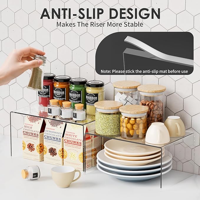 Acrylic Cabinet Shelf Riser Set of 4, Heavy-Duty Kitchen Organizers with Non-Slip Pads, Clear Countertop Spice Shelves for Pantry Storage & Cabinet Decor