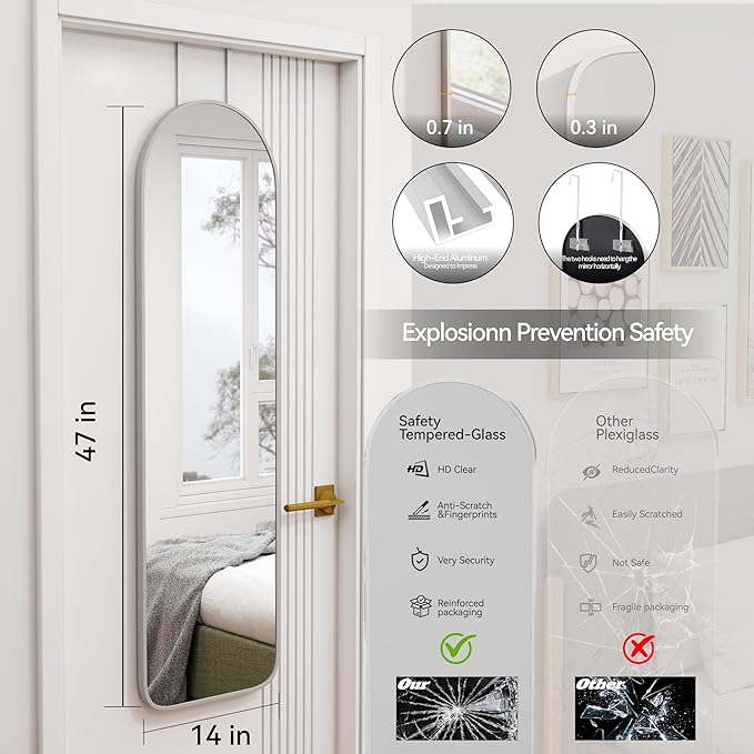 47x14 Mirror Full Length Back Door Hanging or Wall Mounted Aluminum Metal Frame Arch Mirrors for Entryway Bedroom Bathroom Dressing Living Room 47 14 inch Silver