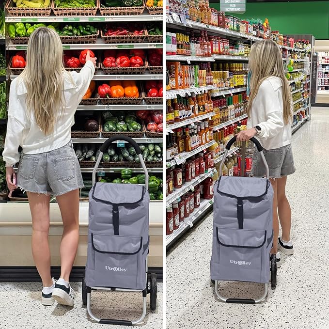 Ultra-Lightweight Gray Foldable Shopping Cart for Groceries Large 42L Capacity Rubber Wheels, Removable Insulated Bag Liner, Durable Aluminum Frame, Multi-Function Personal Hand Truck