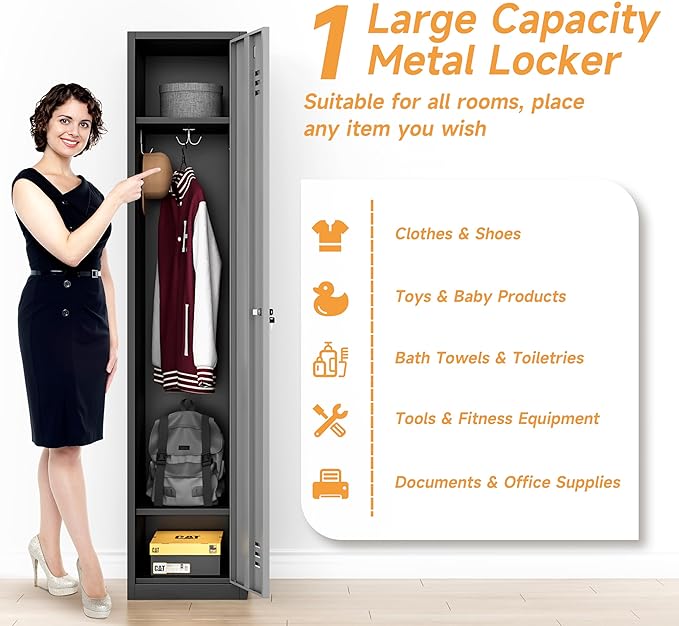 Bestoo Metal Locker, 71" Storage Cabinet with 1 Lockable Door and Hooks, Tall Freestanding Wardrobe for Employees, Gym, School, Home and Office (Black Gray)