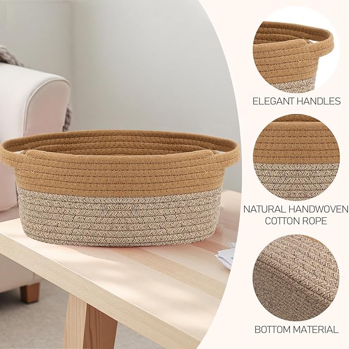 Woven Basket,Small Rope Storage Bin with Handles & Ribbon Bag, Organizer for Shelves Closets,Gift Basket Empty for Birthday,Books,Dog Toys, Jute&Brown/3 Pack