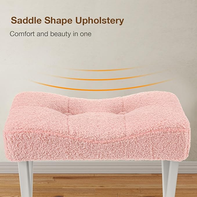 18-Inch Vanity Stool Chair, Vanity Bench with Metal X-Legs, Ottoman Accent Stool with Breathable and Soft Boucle Fabric Saddle Seat, Pink