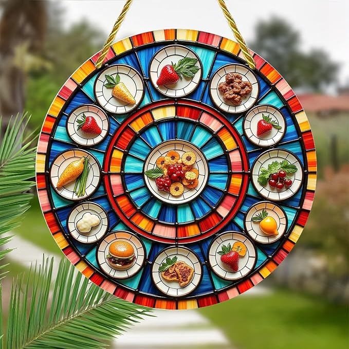 Acrylic Stained Panel Hanging-Radial Food Display Round Window Hanging Ornament,Wall Art Panel for Indoor/Outdoor Decor,Gift,Birthday for Women, Men, Wife, Aunt, and Mom 7.8in