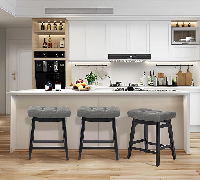 Counter Height Bar Stools Set of 4 for Kitchen Counter Farmhouse Modern Barstools with Faux Leather Upholstered Backless Seat and Solid Wood Legs 24 inch Bar Chairs, Grey + Black