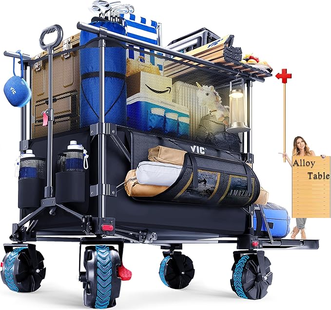 VIC 680lbs Super Cart & Table 1=5 Set, 480L Mega Capacity 54" Extra Long Double Decker Folding Wagon, Heavy Duty Collapsible Carts with Brakes, All-Terrain Big Wheels for Camping, Store, Shopping