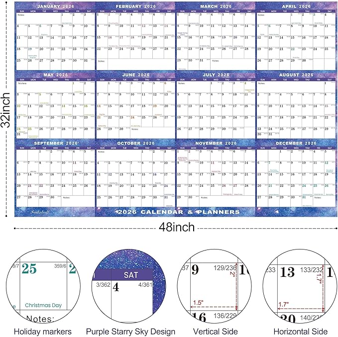 3pcs 32" x 48" 2026 Wall Calendar Dry Erase - Large Starry Sky Calendar Wet & Dry Erasable Laminated 12 Month Annual Yearly Planner, Reversible, Horizontal/Vertical (2026 Wall Calendar)