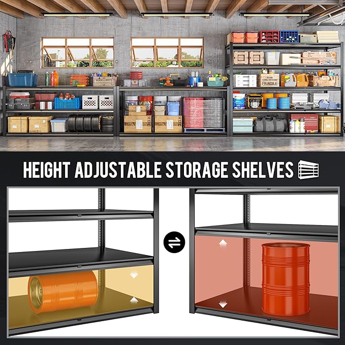72.2" H Garage Shelving 3000LBS Metal Shelving Unit Adjustable Garage Storage Shelves 5 Tier Heavy Duty Storage Rack for Pantry, Warehouse, Industries, 59.8" W x 72.2" H x 24.2" D, 2 Pack