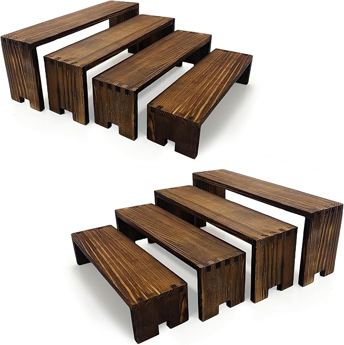 Large Display Wood Risers Wooden Stand 4 Tier Wood Racks, 2 Set 8 Pieces Cupcake Stands Cologne Perfume Organizer Dessert Stands for Vendors Event(Brown 8)