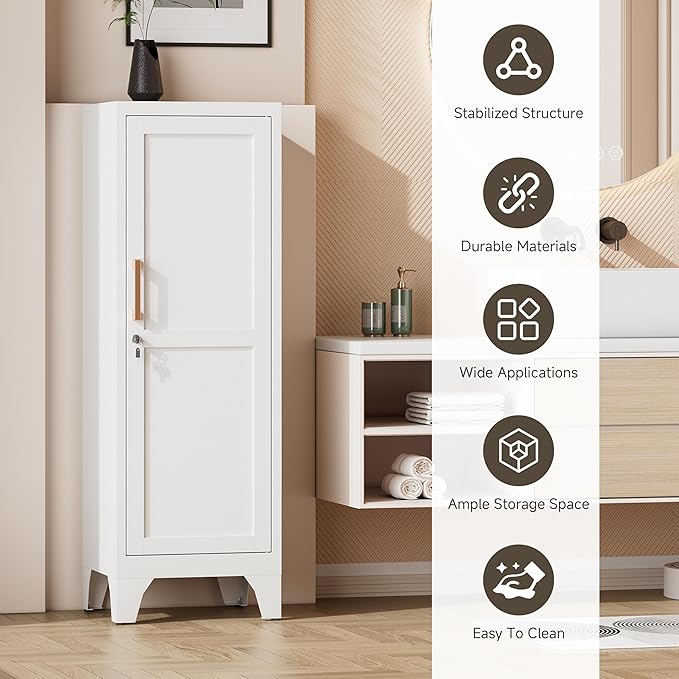Bestoo Metal Locking Cabinet, 46" H Storage Locker with 1 Magnetic Door and 2 Adjustable Shelves, 3-Tier White Storage Cabinet for Bathroom, Kitchen, Pantry, Home, Office, Garage