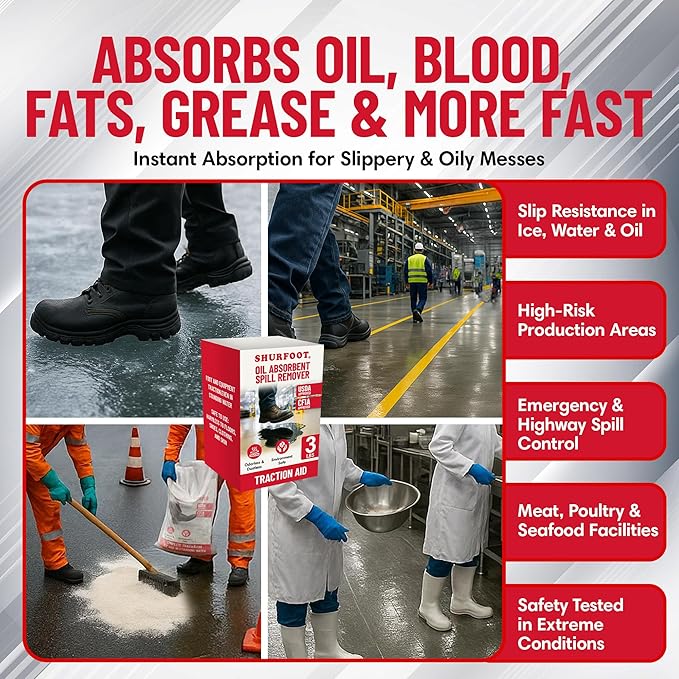 SHURFOOT 3lb Non-Slip Oil Absorbent - Provides Ice Traction & Vapor Suppression - Spill Control for Blood, Water & Oils - USDA Approved - Floor Dry Absorbent Odorless - Fire-Safe & Dustless