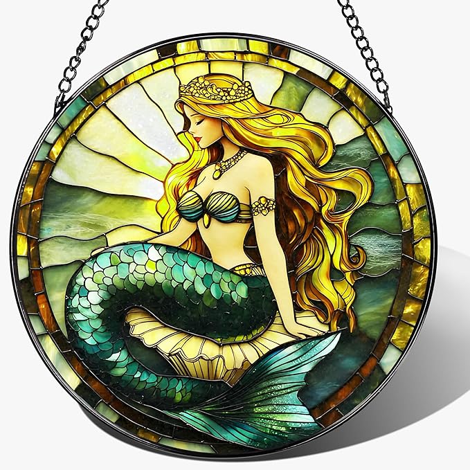 Stained Glass Window Hanging, 8 Inch Mermaid Suncatcher Stained Glass Ornament, Suncatchers for Windows Hanging, Sun Catchers Indoor Window, Mermaid Gifts, Gifts for Friends, Housewarming Gift