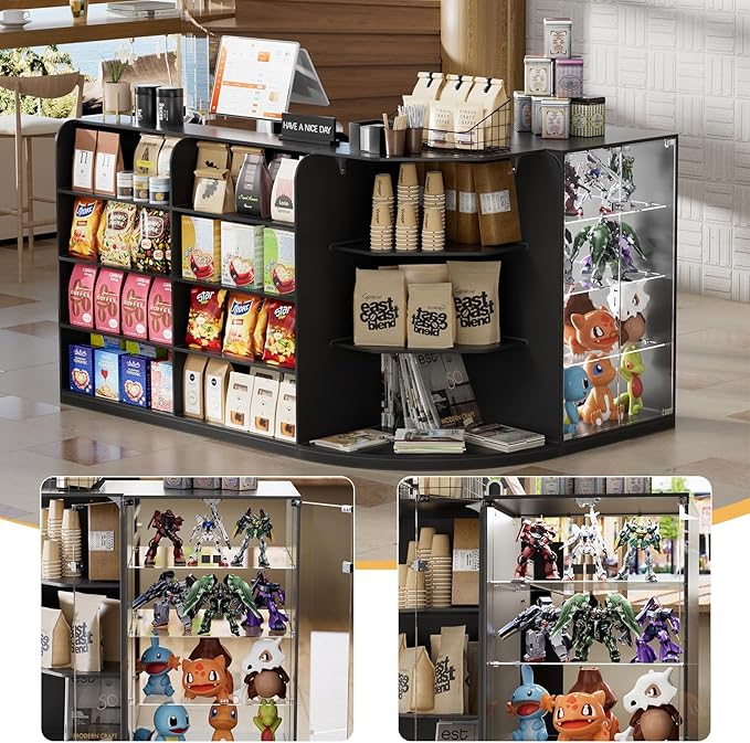 PAKASEPT Reception Desk with Counter for Retail & Checkout,Modern Front Reception Counter with Drawers & Open Shelves,L-Shaped Retail Counter with Storage for Countertop,Beauty Salon,Shop,Bar,Black