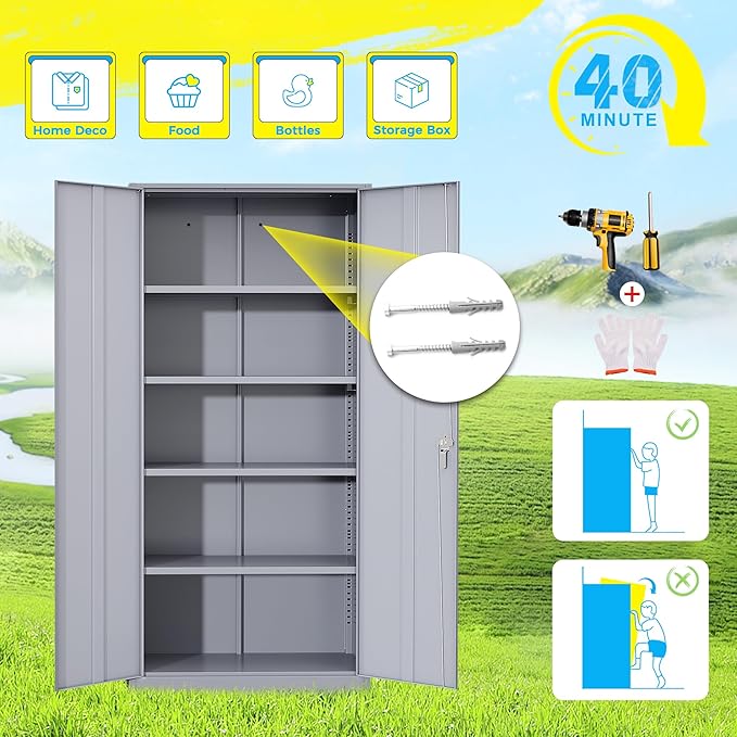 Pataku Metal Storage Cabinet, 72" Garage Cabinet with Doors and Shelves Lockable Steel Multifunctional Cabinets, File Cabinets for Home, Office, Warehouse(Dark Grey)