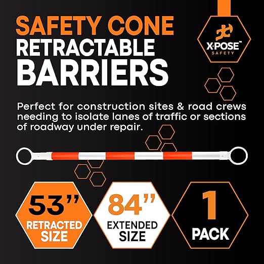 Retractable Barrier for Safety Traffic Cones - 2" OD - Large Yellow and Black Bar Barricade - for Road Construction, Parking, Warning, Temporary Security Divider (1, Orange & White, 53" x 84")