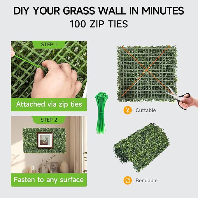 Artificial Grass Wall Panels, 12 PCS 20x20 inch Boxwood Hedge Wall Panels with 100 Zip Ties, Boxwood Panels Backdrop for Outdoor Indoor Decorative Garden Fences Backyard Patio Privacy Hedge