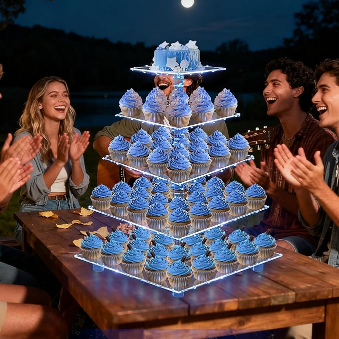 YestBuy 5 Tier Cupcake Stand Acrylic Cupcake Tower Display with LED Light Premium Cupcake Holder Dessert Tree Tower for Birthday Cady Bar Party Décor Weddings, Birthday Parties Events (Blue Light)