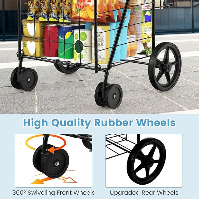 COSTWAY Folding Shopping Cart, Metal Grocery Cart with Extra Basket, 360° Swiveling Front Wheels & Comfortable Handle, Light Weight Collapsible Utility Cart for Laundry, Camping (Black)