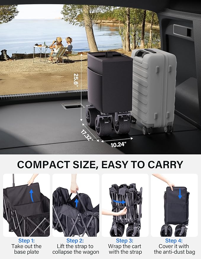 Heavy Duty Collapsible Wagon - 440lbs Capacity All-Terrain Folding Cart with Big Wheels for Family Beach Days, Camping & Grocery Haul | One-Click Fold & Washable Fabric