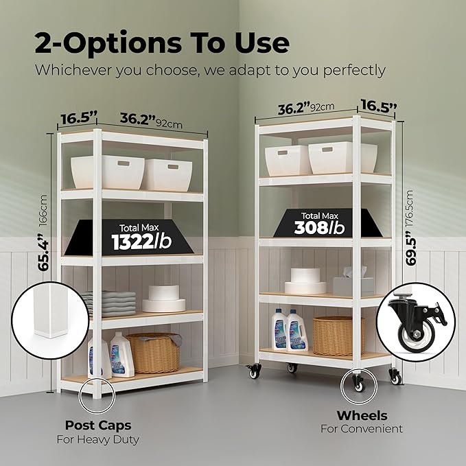 HOMEDANT House 5-Tier Metal Rolling Cart Shelf Rack Casters Heavy Duty Laminated Wheel Shelving Unit Adjustable Utility Storage Shelves Organizer Shelf Kitchen Garage (1, (M) 36.2" W, White)